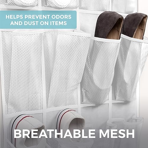 HOME GENIE Over the Door Hanging Shoe Organizer, 2 Pack, 24 Breathable Mesh Pockets, Closet Rack Storage Holder Stay in Place Hooks Hang on Closets, Hanger Holds Up to 40 lbs, Shoes, Accessories White - Thumbnail 3