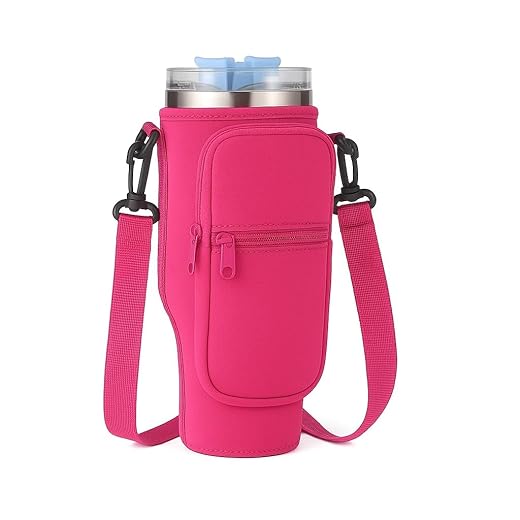 Bolsa Porta Garrafa, Squeeze, Copo Térmico Com Alça Ajustável Shoulder Bag com bolso para celular, de neoprene, com alça ajustável, tampa para canudo e mosquetão (Pink)