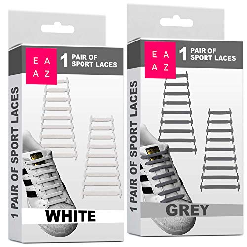 EAZLIFE Cordones Elasticos Sin Nudos (2 Pares), Cordones Magicos de Silicona No Tie Adultos y Niños. Una Pare de Cordones Gris + Una Pare de Cordones Blancos. [Satisfied or Refunded 30 days]