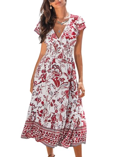 CUPSHE Damen-Sommerkleid, lässig, V-Ausschnitt, Blumenmuster, gesmokt, Flügelärmel, gerüscht, Urlaub, Midi-Kleid, Rot/Blumenmuster, X-Groß