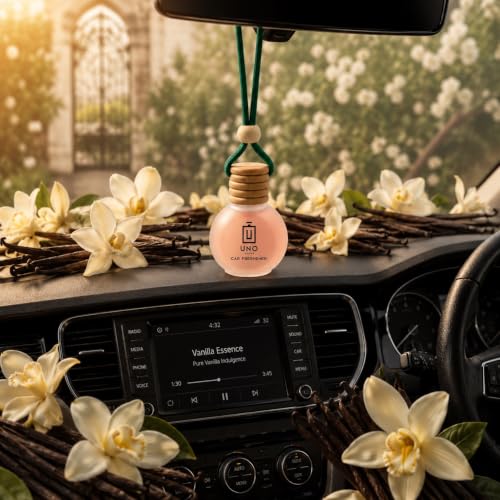 Image of UNO AROMA Vanilla Car Air Freshener, 15ml, Long Lasting Hanging car perfume, Toxin-Free Oil in Glass Bottle with Wooden Diffuser, Car Accessories for fresh aroma, Last Upto-60 Days
