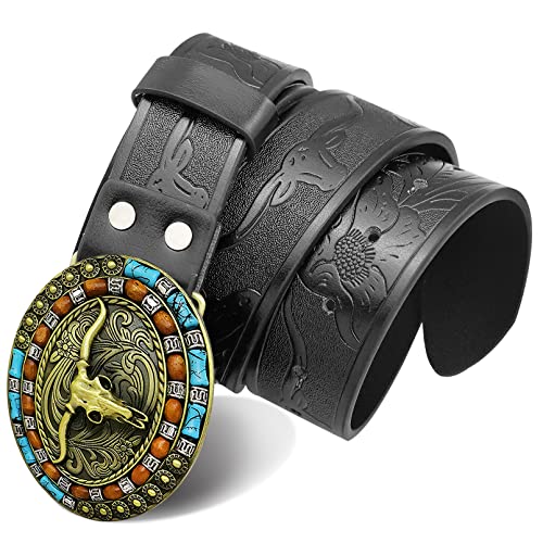 RechicGu Mens Western Leather Buckle Belt, Bull Head Engraved Brown Cowboy Belts With LongHorn Bull Buckles, 1-1/2 Inch Wide