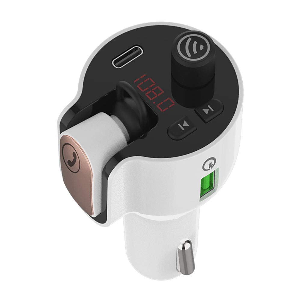 Bluetooth FM Transmitter for Car, Bluetooth 5.0 Car Bluetooth Headset Two in One Design with Earphone Type-C PD Fast Charger Handsfree Call
