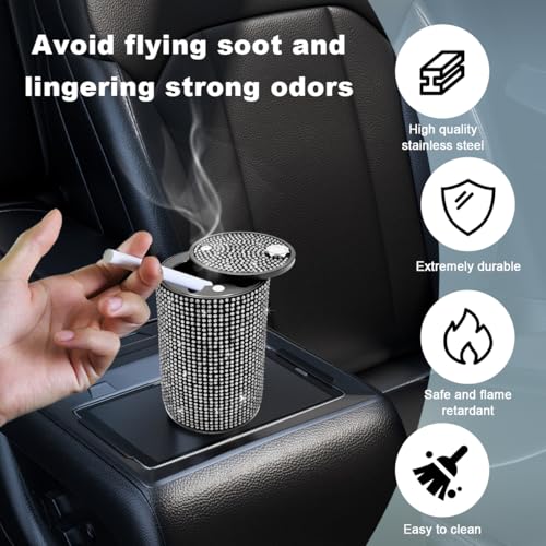 Image of Car Cigarette Ashtray with Lid, Stainless Steel Bling Crystal Diamond Smokeless Fireproof Vehicle Ashtray Holder, Portable Sparkling Ashtray Cup Holder for Car Home Office (White)