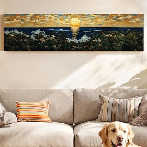 Image of Japanese Nihonga Seascape Stretched Canvas Wall Art Painting for Living Room, Sun Rise Canvas Wall Decor For Livingroom, Bedroom, Office, Hallway's, Hotel 12x46 Inch