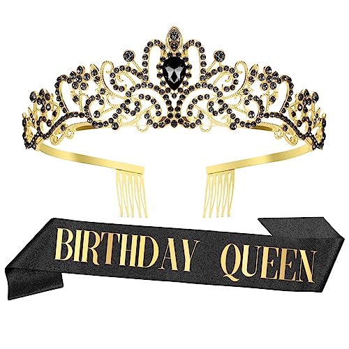 Birthday Crown for Girls Gold Gifts for Womens Birthday Crystal Headband Princess Queen Crown Happy Birthday Decorations Birthday Accessories Gifts for Women (Black)