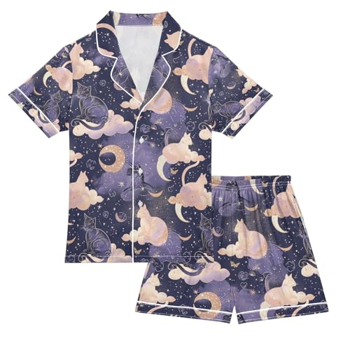 senya Magic Clound Cat Satin Summer Pajama Sets Silk Short Sleeve Button Down Sleepwear