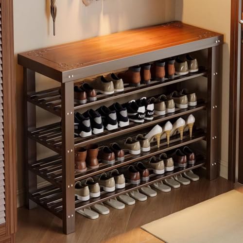 Banco zapatero de bambú de 2 niveles con asiento, acabado de nogal, diseño que ahorra espacio, capacidad de carga de 100 kg, ideal para pasillo, sala de estar y dormitorio (69 cm)