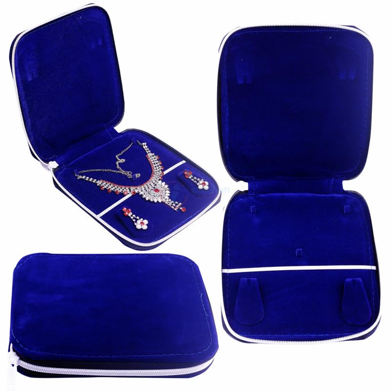 Ideal Craft Necklace and Earring Jewel Jewellery Zip Purse Pouch For Girls and Women – Blue Velvet Storage Box (Size-7×6 Inch)