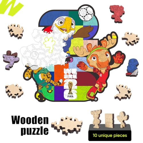 Image of FIFA World Cup 2026 Mascot Wooden Jigsaw Puzzle for Kids & Adults, USA - Canada - Mexico Mascot 150 Pieces, Unique Shape Puzzle, Officially Licensed, Sports Gift for Fans, 5MM Thick