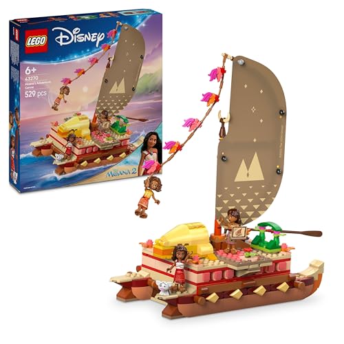 LEGO | Disney Vaiana 2 Canoa de Aventuras de Vaiana - Barco de Juguete con Vela Textil, Hoguera, 3 Mini Muñecos Inc. Loto y Moni y Cerdito Púa - Regalo Creativo para Niñas de 6+ Años y Fans 43270
