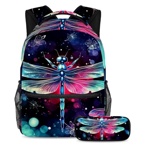 Sac à dos avec trousse à crayons grand format motif libellule esthétique pour garçons et filles