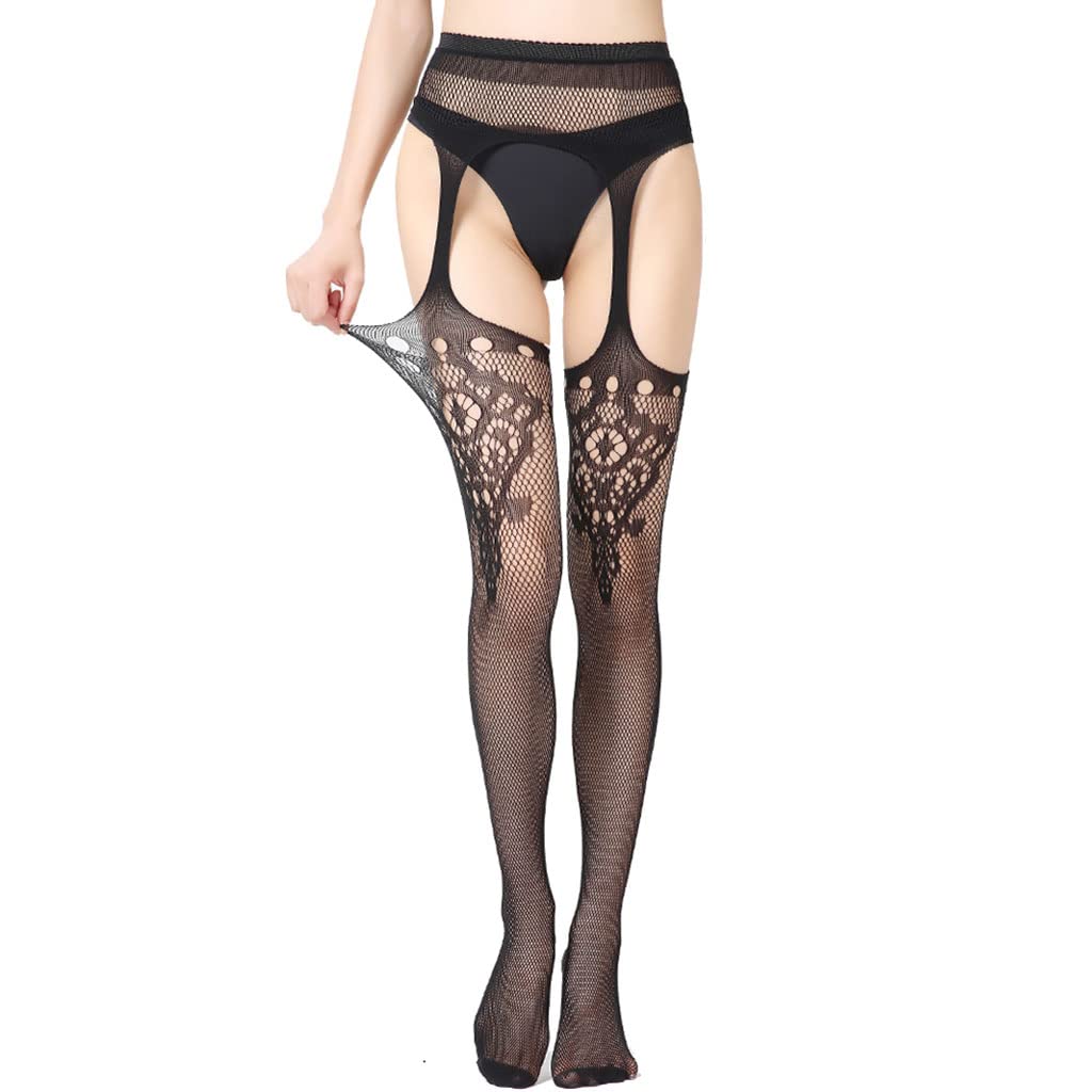 Bas en Dentelle Noire, Lingerie Sexy, Porte-Jarretelles, Bas pour Femme, 2 Paires (Noir D) (Noir A)