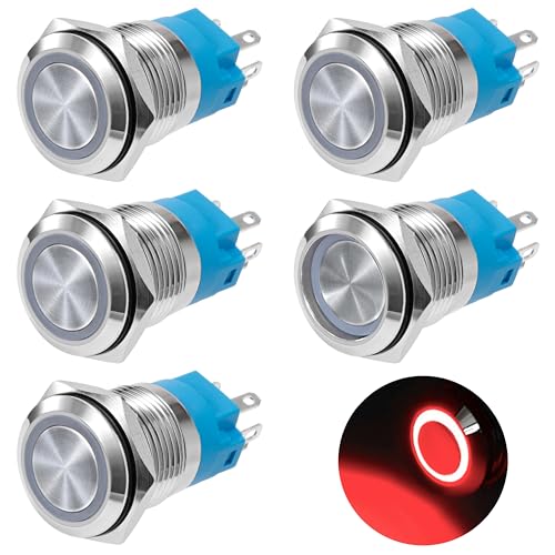 GUNGY Interruptor de Botón 19mm Pulsadore 12V/24V 3A Pulsador Autoblocante Impermeable Interruptores Pulsador de Latón Cromado con Anillo de Luz LED Rojo 5 Piezas