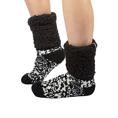 Womens Slipper Socks with Grippers Soft Sherpa Lined Winter Thermal Fuzzy Socks (Black Knit)