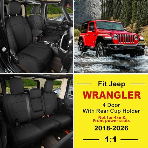 Image of GIANT PANDA Neoprene Seat Covers for Jeep Wrangler JL 4-Door (2018-2026), Neoprene Waterproof Seat Covers W Armrest Cover, Foam Padded for Full Set (Black)