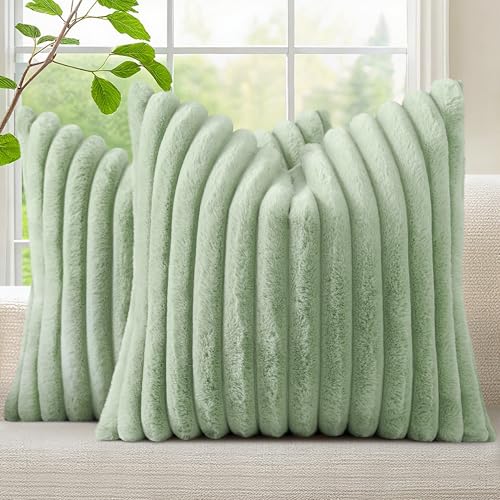 Image of decorUhome Fall Cozy Faux Fur Throw Pillow Covers 18x18 Set of 2 Decorative Soft Plush Striped Modern Farmhouse Boho Couch Pillow Cases with Velvet Back for Sofa Bed Living Room, Sage Green