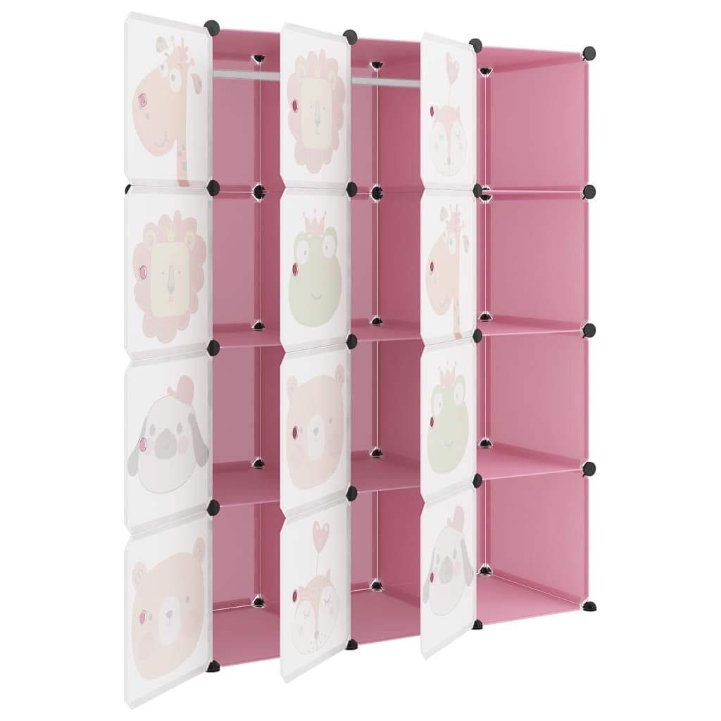 Armario infantil modular con 12 cubos, plástico PP rosa, marco de acero, 110 x 46,5 x 144 cm, apilable, ahorra espacio, con puertas y mucho espacio de almacenamiento para el orden en la