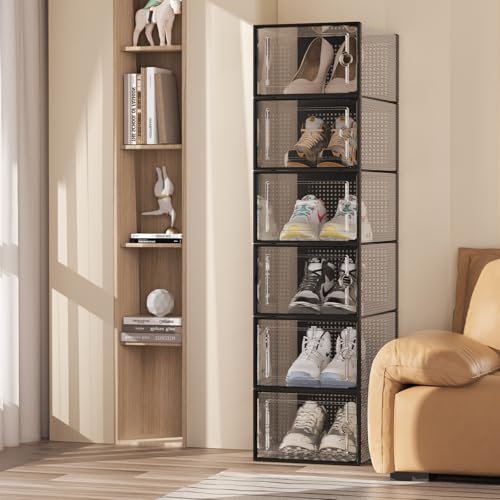 YAOBAI Shoe Storage Boxes (6 Pack) - X-Large Clear Plastic Stackable Shoe Organizers with Easy-Access Front Door & Secure Magnetic Closure for Sneaker Display & Collection - Fits Up to US Size