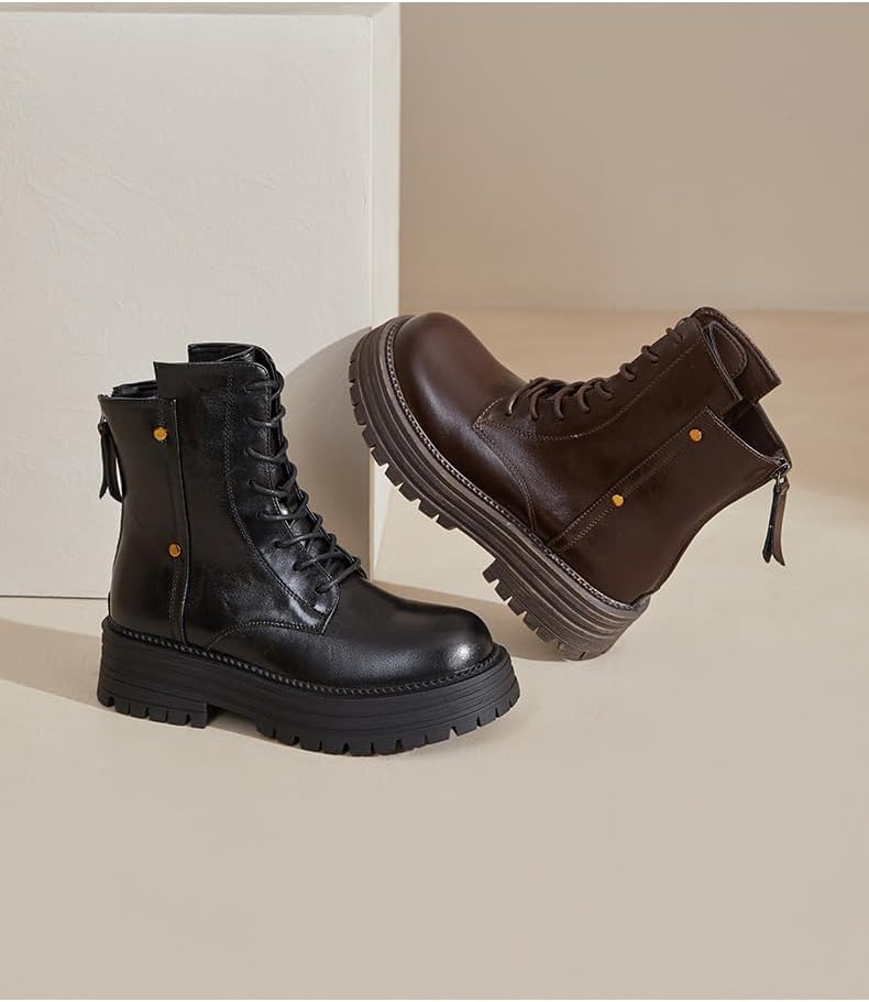 Women's Platform Combat Boots, Lace Up Ankle Boots, Vintage British Style, Genuine Leather, Chunky Sole Boots - Image 5