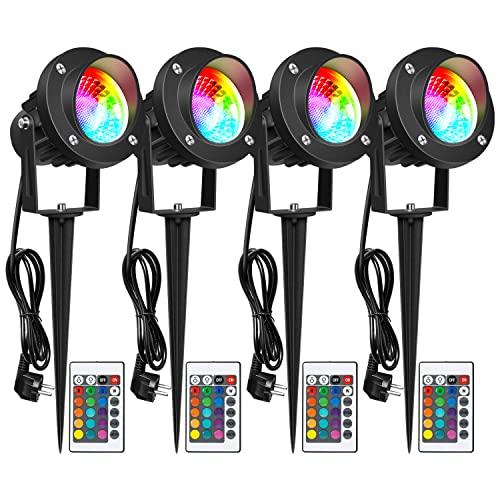 LEDMO 4 Piezas RGB Foco Proyector Exterior 20W, Lámpara de Césped RGB con Espica Impermeable IP65 Focos de Jardín con Pincho Para Jardín Aire Libre Césped Patio Decoración