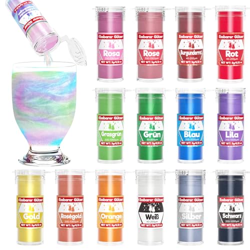 Essbarer Glitzer für Getränke & Torten - 15 Farben Lebensmittelfarbe Pulver (3g/Farbe) | Glitzer Essbar Ohne Geschmacksveränderung | Ideal für Cocktails, Kuchen, Desserts & Backdekoration