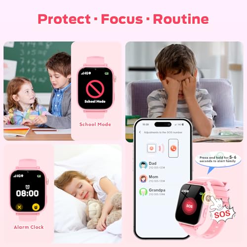 Image of 4G Kids Smart Watch with GPS Tracker, Video Call & Texting, Smart Watch for Kids with SIM Card, SOS, School Mode, HD Camera, Pedometer, Kid Watch Gift for Boys Girls Age 4-12, Pink