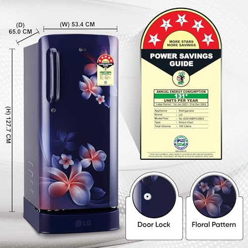 Image of LG 185 L 5 Star Direct-Cool Inverter Single Door Refrigerator (GL-D201ABPU, Blue Plumeria, Fast Ice Making, Base Stand with Drawer)