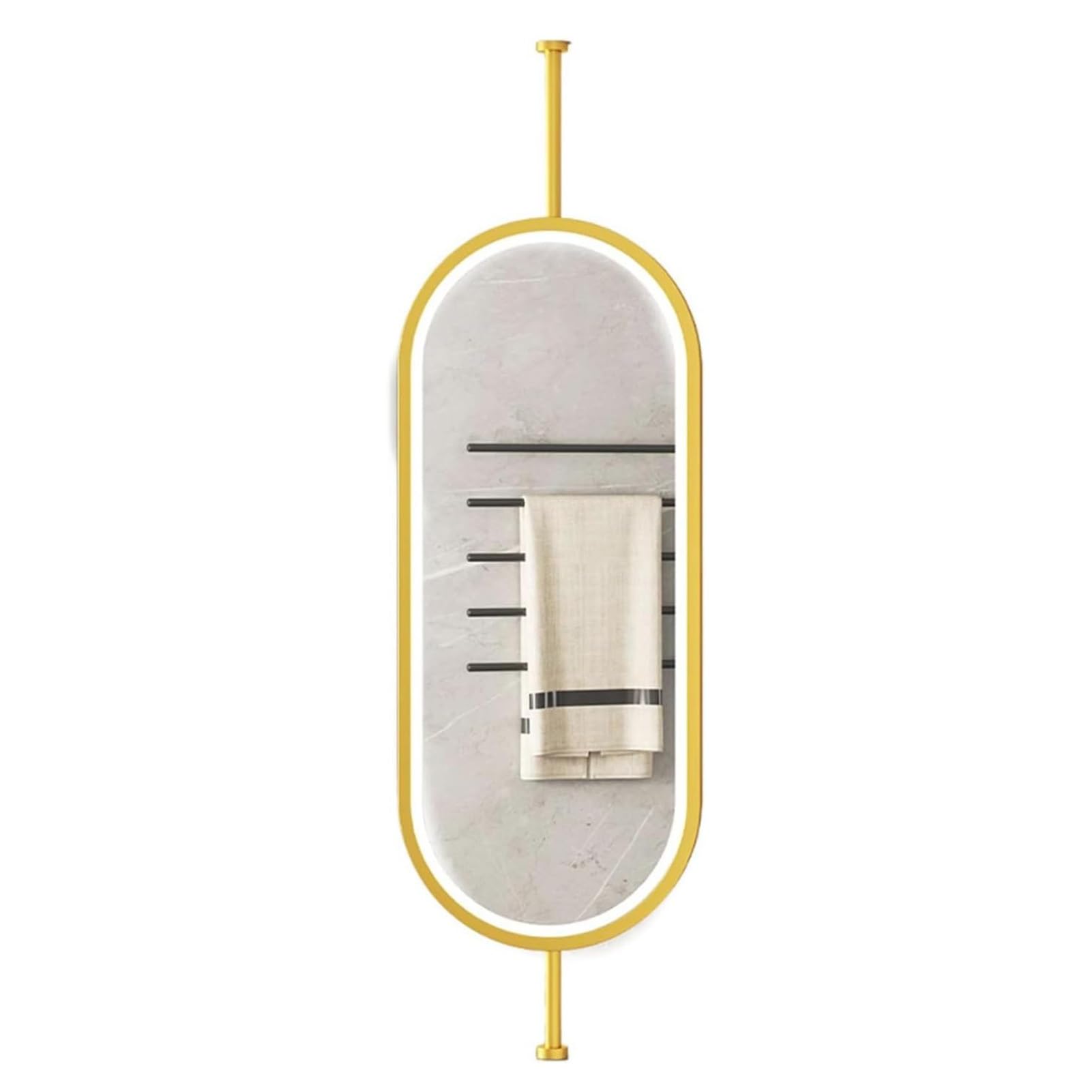 QICBYING Ceiling Hanging Bathroom Mirror With LED Lights, Oval Hanging Rod Mirror, 3 Colors Dimmable Wall-mounted Vanity Makeup Mirror, For Entrance Cloakroom, Home Decoration(Gold,40x80cm)