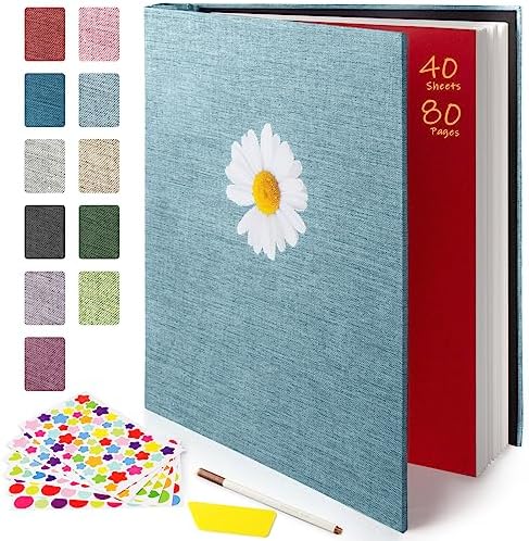 Photo Album Self Adhesive 80 Pages, Linen Cover Scrapbook Album for 3x5 4x6 5x7 6x8 8x10 Photos with A Metal Pen and DIY Stickers, Large Photo Book Ideal for Family Wedding Baby (Sky Blue)