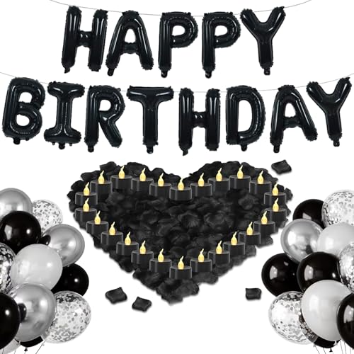 Birthday Decorations for Men - Black and Silver Birthday Decorations Include Letter Balloon Banner & Balloons & 1000 PCS Rose Petals & 24 Pack LED Tealight Candle Black and Silver Party Supplies
