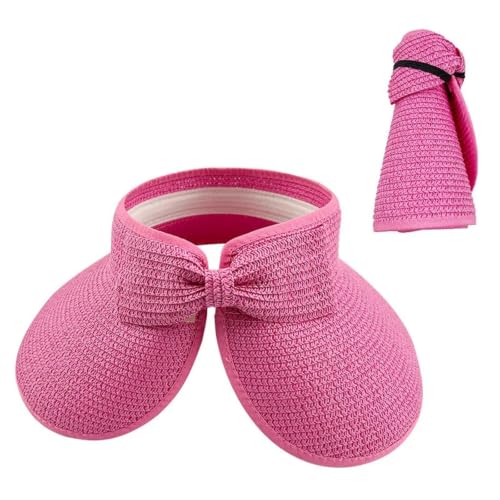 Chapeau de paille pliable rose pour femme avec nœud élégant