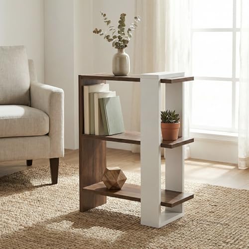 Image of Opus 3-Tier Modern Side Table & Nightstand, Dark Walnut & White | Two-Tone Accent Bookshelf, For Living Room, Bedroom & Office, 50x24x68cm