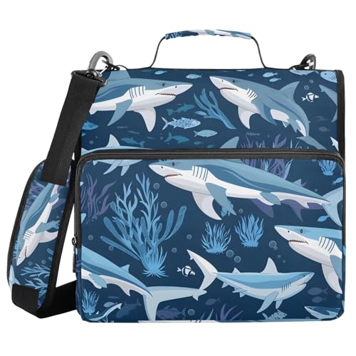 Image of Sharks Blue Ocean Zipper Binder Bag 3 Ring Binder with Shoulder Strap Zip Up 500 Sheets Capacity Multi Pockets for School Office Supplies