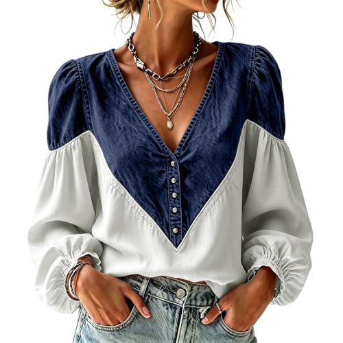 Floral Shirts for Women Button Denim Patchwork V Neck Long Puff Sleeve Top - image 1