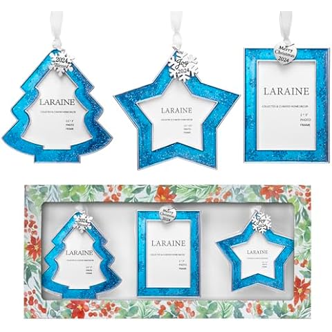 Laraine Christmas Tree Ornaments 3 Pieces – Decorative Hanging 2024 Star Pendant with Small Picture Frame Insert for Baby and Pet Holiday Keepsake Gift (Blue (2024)) Cover