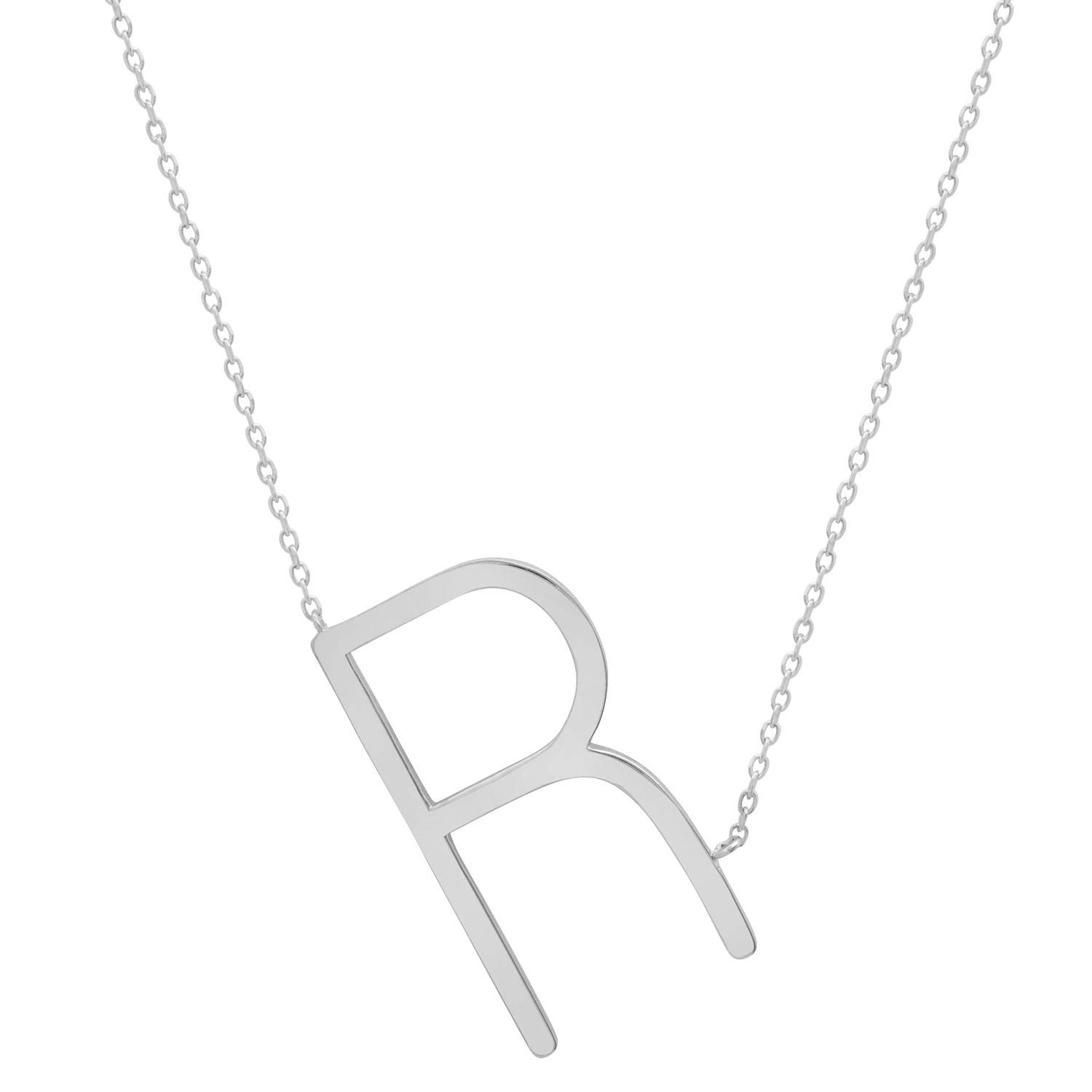 Solid Sterling Silver Large Sideways Block Initial Necklace with 16+2 inch Extendable Chain
