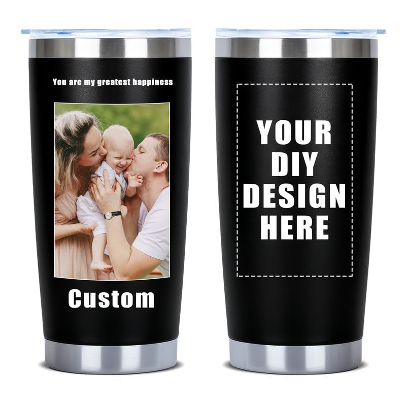 Vaso personalizado de acero inoxidable con tapa, taza de café de doble capa de 20 oz con fotos y texto.