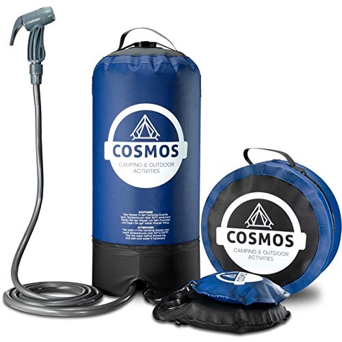 Ducha portátil de camping de Cosmos con bomba de agua de pie, bolsa de transporte, lista de comprobación de camping – Perfecto para camping, jardín, viajes, perros – 11 litros, azul