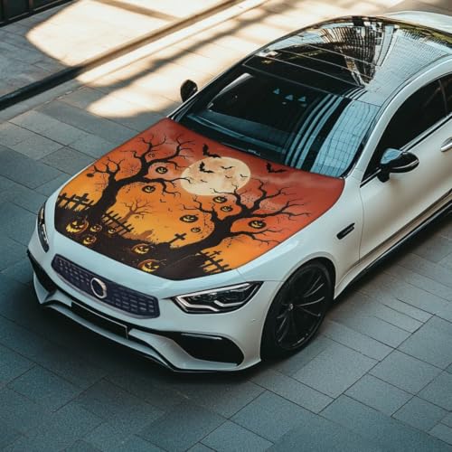 Image of Moon Halloween Tree Car Hood Cover Polyester Elastic Fabrics Washable Suitable for Large SUV and Pickup Trucks 39x59in
