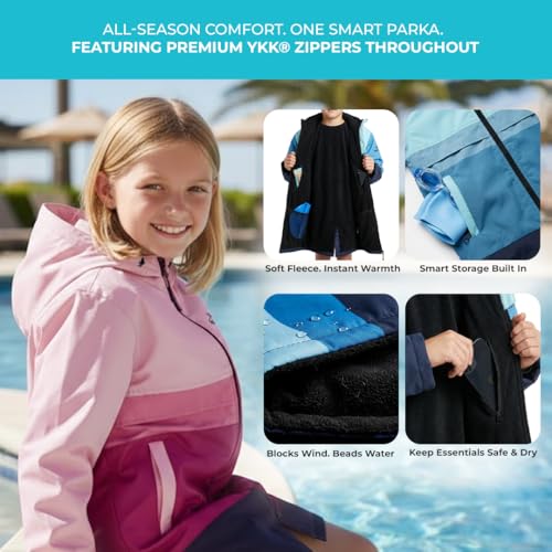 Delfina Kids Swim Parka Age 9–14 Years, Removable Sleeves Unisex Youth Swim Jacket, Water & Wind-Resistant Fleece-Lined Poolside Parka | Hood & Double Zipper | Pink - image 5