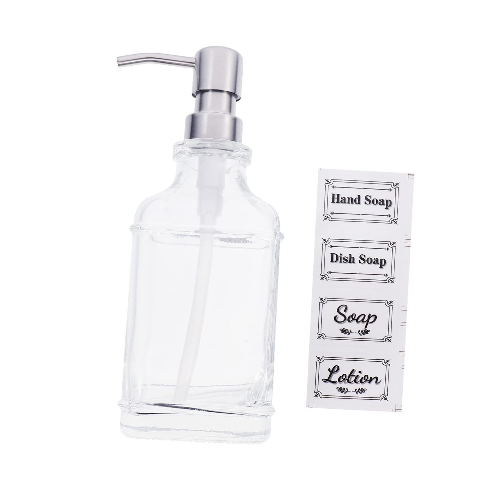 Soap Pump Dispenser de Jabón Líquido y Loción, Botella de Vidrio 300ml Bomba de Acero Inoxidable, Diseño Compacto para Hogar y Hotel