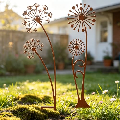 Crunier Rouillé Décoration Jardin, Tuteur de Parterre en Métal pour Cour en Forme de Pissenlit, Decoration Exterieur Rouillé, Décoration Extérieure Résistante aux Intempéries pour Terrasse, Balcon