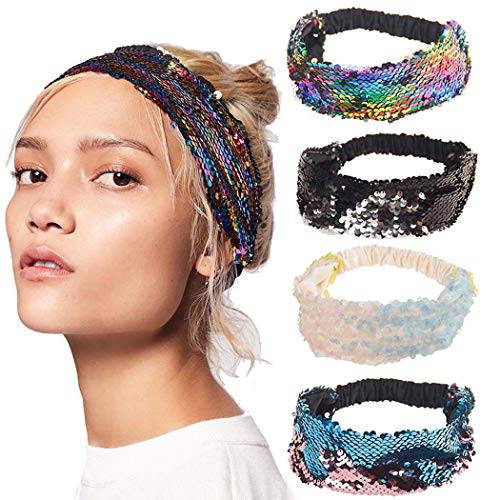 Victray Turban Headband Sequins Elastic Wide Head Wrap Boho Hair Bands Fashion Headbands for Women and Girls (Pack of 4)