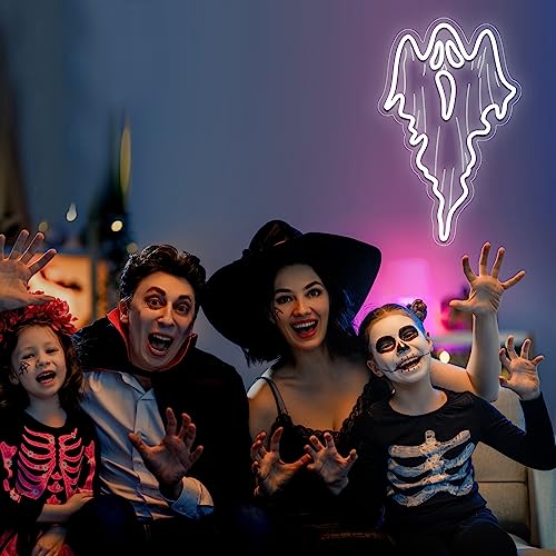 Image of Halloween Decorations Ghost Face LED Neon Sign, Dimmable Neon Light for Game Room Wall Decor Man Cave Birthday Halloween Decor Christmas Gift (16.8in*10.63in)