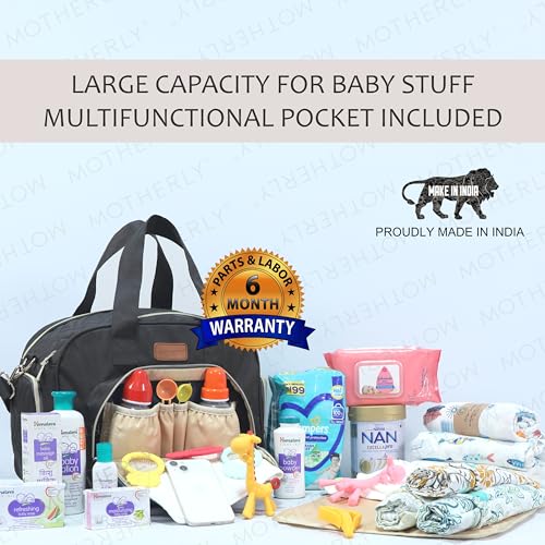 Image of Motherly Quilted Diaper Bag for Mothers for Travel, Maternity Bag for Newborn Baby, Mother Travelling Bag, Multi Pocket Water Resistant Baby Bag, Hospital Bag for moms with Warranty and Offers (Black)