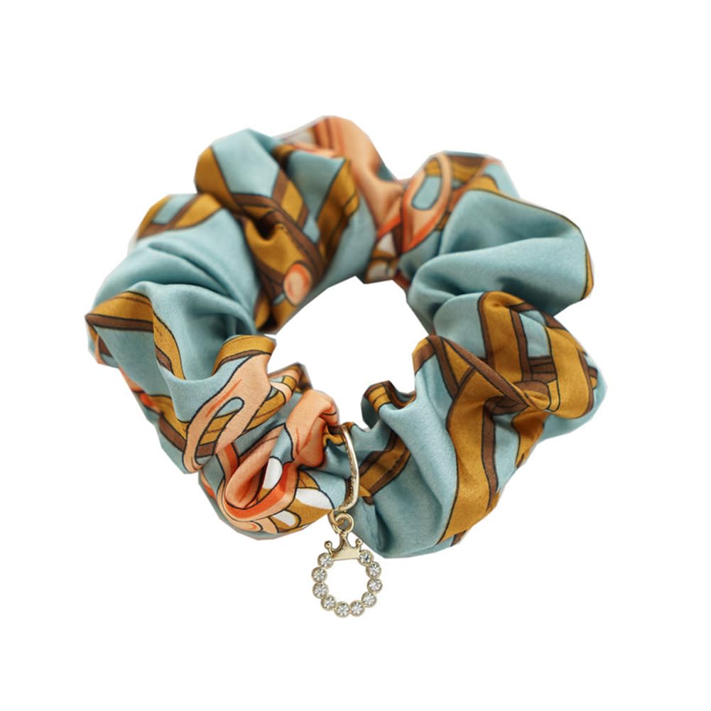 Elegant Imitation Silk Printed Korean Hair Scrunchies - Faux Silk Rhinestone Embellished Fabric Hair Ties with Floral