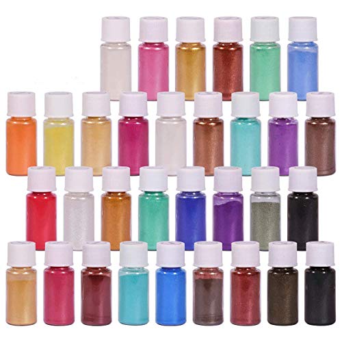 Pearl Mica Powder 32 Colors,Epoxy Resin Dye,Natural Powder Pigments, Adhesive Pigments, for Bath Bomb Dyes,Soap Making,DIY Slime,Makeup,Lip Gloss,Nail Art Etc. (Total 160g)