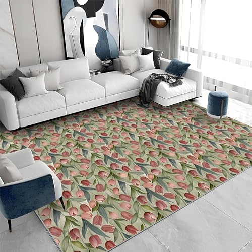 カーペット チューリップ グリーン ピンク 100x150 長方形 花 カーペット 洗濯機で洗える 滑らない 絨毯 薄い カシミヤラグ ホットカーペット床暖房対応 じゅうたん 防ダニ おしゃれ オールシーズン a&337