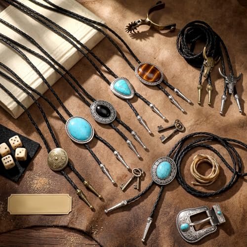 Image of Lyrow Bolo Ties for Men Women Native Western Cowboy Bola Tie Turquoise Stone Faux Leather Necktie Tie for Costume Accessories
